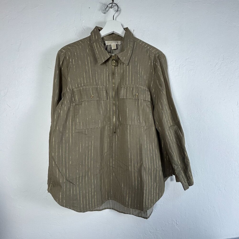 Michael Kors Womens Olive Green Gold Striped Long Sleeve Half Zip Blouse Large